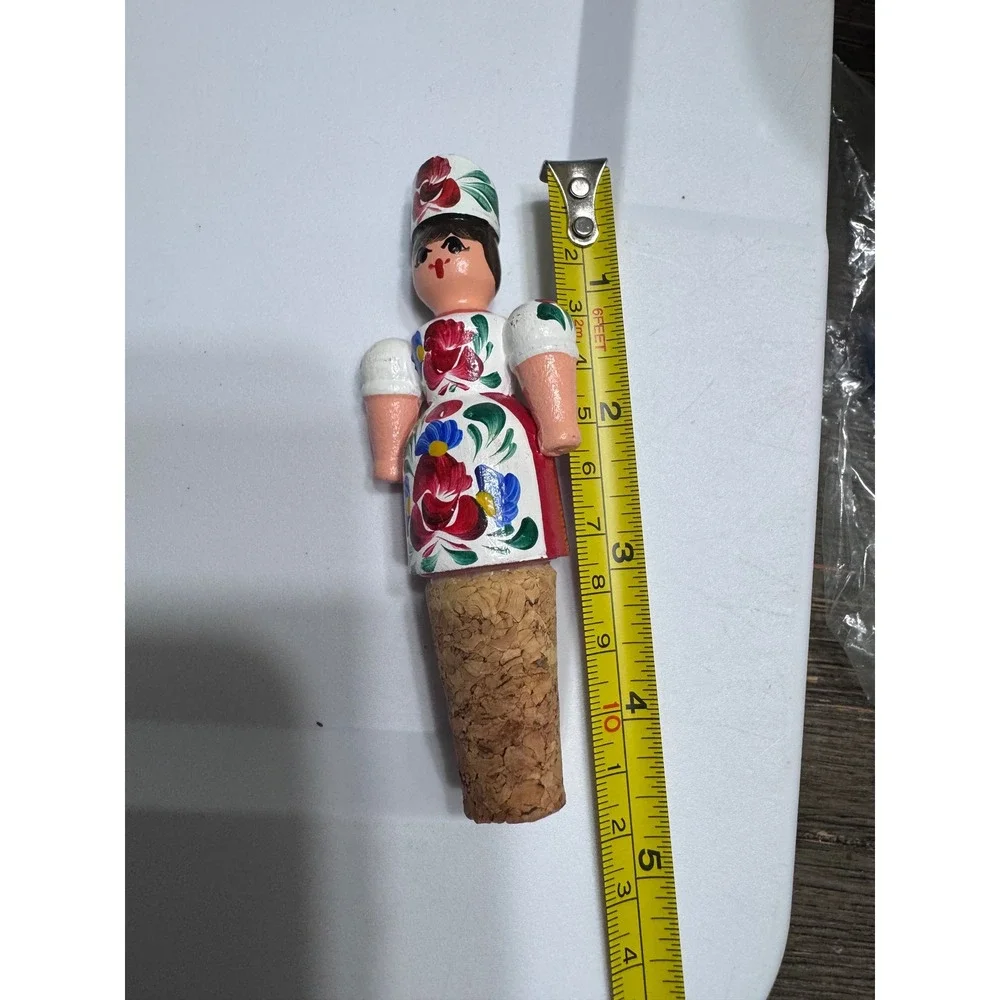 Vintage Hungarian Folk Art Hand Painted Wooden Wine Bottle Stopper Woman Hungary
